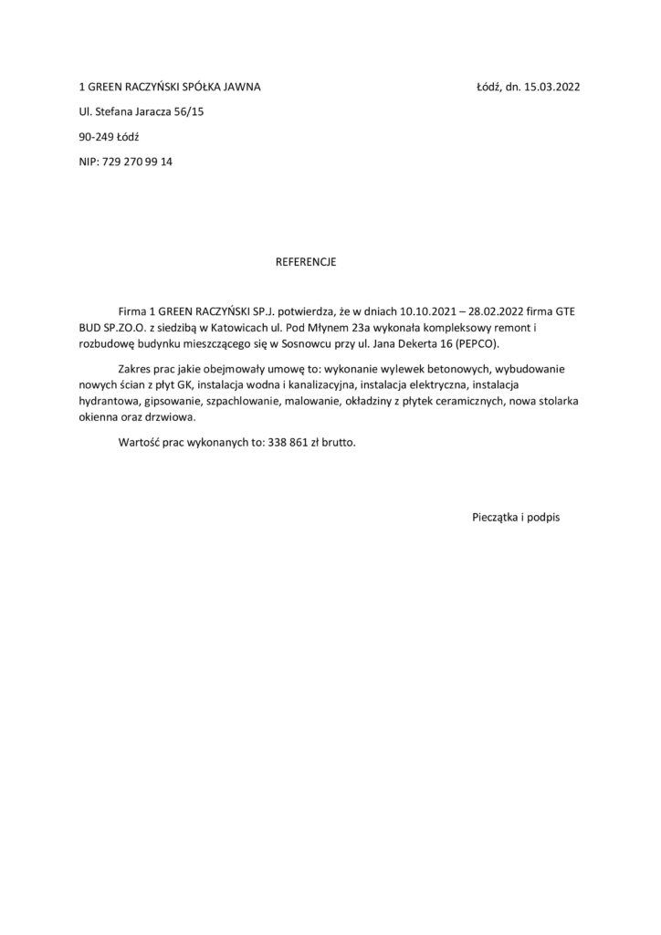 Referencje wystawione przez firmę 1 green